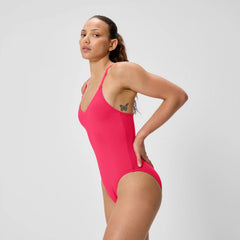 Women's Solid V-Neck One Piece Ruby